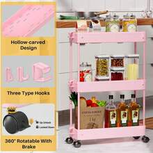 SPACEKEEPER Slim Rolling Storage Cart, 3 Tier Bathroom Storage Organizer Laundry Room Utility Cart Mobile Shelving Unit, Multi-Purpose For Kitchen Office Bathroom Laundry Narrow Places - Pink - View 7