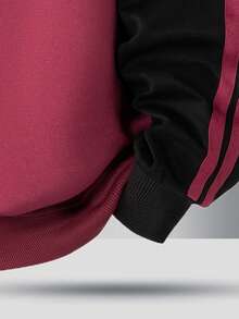 男士插肩袖条纹休闲四分之一拉链套头卫衣，时尚半拉链上衣，春秋季 - 紅色 - 查看 6