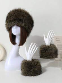 1 buc. Set de bentiță și brățară elastică din blană artificială de vulpe, accesorii de păr cu bentiță mongolă pentru femei