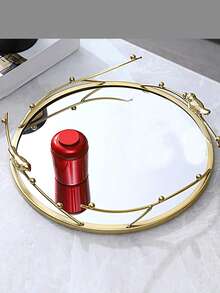 1pc Golden Round Glass Tray, Mirror Jewelry Tray, Perfume Tray, Mirror Vanity Tray, Dresser Tray Ornate Tray Metal Decorative Tray Perfume Organizer Makeup Tray For Vanity Dresser, For Home Room Living Room Office Decor