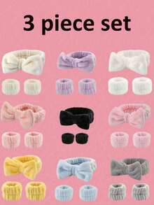 3件套浴室梳妆台套装 - 面部头带、头带+腕带。可重复使用的蝴蝶结头带、面部和腕部头带和腕带，SPA套装，开学季适用 - 黑與白 - 查看 2