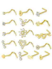 16 件装 20G 不锈钢鼻环，适用于男女，镶有 CZ 花鼻环穿孔首饰 L 形鼻环耳钉套装，手术钢鼻孔鼻孔穿孔首饰，款式多样，可自由搭配鼻孔首饰，送给朋友、情人节、妈妈、母亲节、礼物 - 多款式 - 查看 15