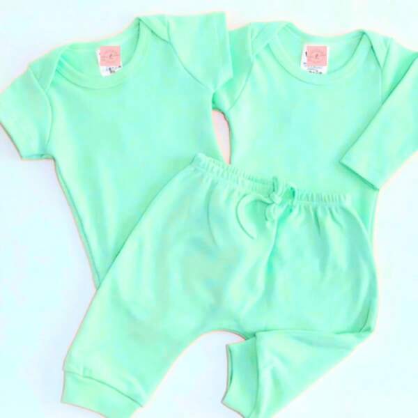 Trijunto (3 peças) para bebe liso 100% algodão - 1 body manga longa + 1 body manga curta + 1 calça - Conjunto para bebe liso