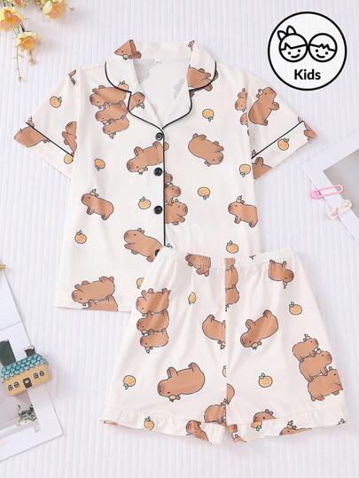 Girls Short Sleeve Sleepwear Set, Cute Capybara & Orange Printed Lightweight Kids Open Front Pajamas For Summer