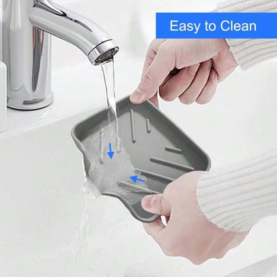 Silicone Sponge Holder With Drain Spout Kitchen Sink Tray Rubber Soap Dish For Shower Bathroom Back To School - Grey - View 1