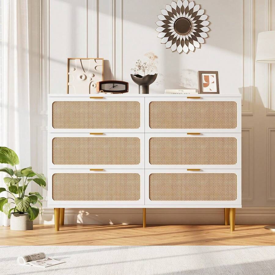 mteryoing Fashion Elegant Style Dresser, Rattan 6 Drawer Dresser For Bedroom, Large Double Dresser With Deep Drawers For Living Room, Hallway, Bedroom - 白色 - 查看 1