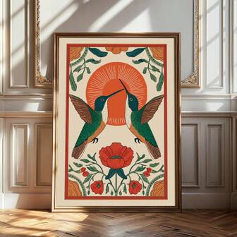 1pc Framed/Unframed Boho Floral Hummingbird Folk Art Vintage Wall Poster Canvas Print Scandinavian Sunrise Bird Farmhouse Decor Rustic Painting For Dorm,Living Room,Bedroom,Modern Home Decoration