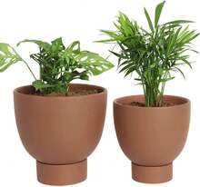 Dark Terracotta Self Watering Plant Pot - 2 PCS 6 Inch & 8 Inch Terra Cotta Plant Pot With Drainage Hole And Saucer, Small & Large Clay Flower Pot With Tray, Plant Pot For Indoor Outdoor - 彩色 - 查看 1