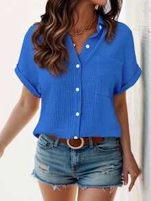 女式纽扣衬衫棉麻长袖 V 领休闲卷边工作衬衫 - 藍色 - 查看 4