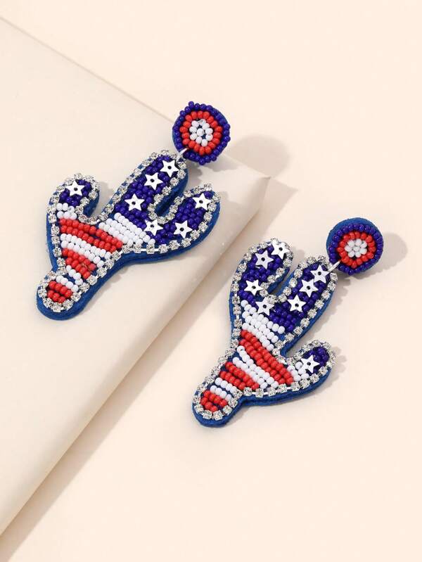 1pair 4th Of July American USA Flag Color Handmade Beads Rhinestone Cactus Shape Drop Earrings For Women Girls For American Independence Day Accessories Jewelry