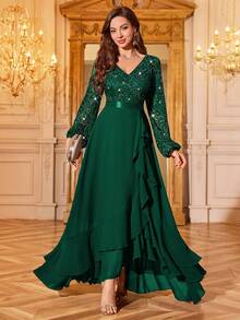Elisanya Đầm Maxi dự tiệc trang trọng cổ chữ V ren hoa sequin tay áo lồng đèn viền bèo nhún, Đầm dự tiệc thanh lịch cho nữ, Đầm dạ hội trang trọng, Đầm dạ hội, Cho khách dự tiệc cưới, Tốt nghiệp, Tiệc tối - Xem 2