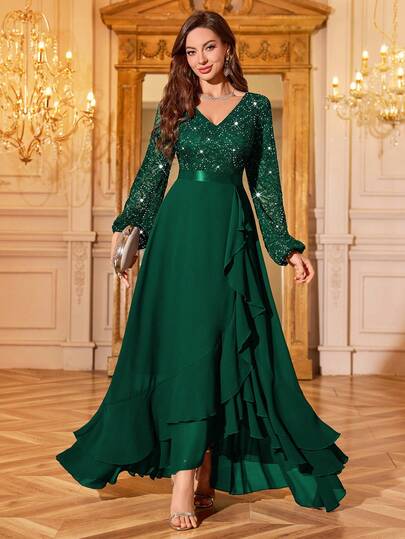 MIUSOL Vestido de fiesta maxi con cuello en V de encaje floral con lentejuelas, manga farol y volantes en el bajo, elegante vestido de fiesta para mujer, vestido de noche formal, vestido de baile, adecuado para invitados de boda, ceremonia de graduación, cena de gala y otras ocasiones, para el Día de San Valentín