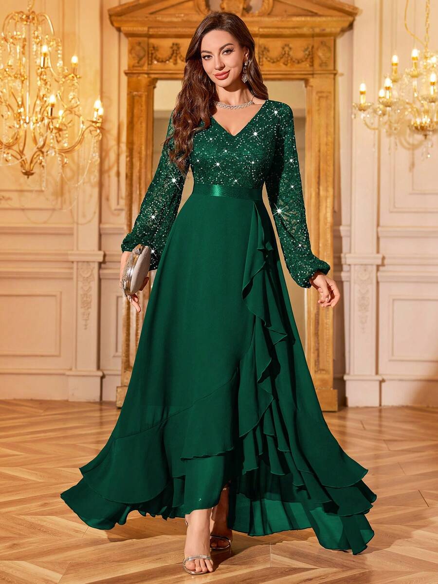 Elisanya Đầm Maxi dự tiệc trang trọng cổ chữ V ren hoa sequin tay áo lồng đèn viền bèo nhún, Đầm dự tiệc thanh lịch cho nữ, Đầm dạ hội trang trọng, Đầm dạ hội, Cho khách dự tiệc cưới, Tốt nghiệp, Tiệc tối