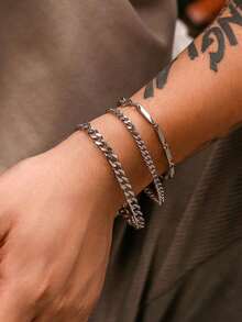 3pcs/Set Men's Minimalist Stainless Steel Bracelet, Multi-Layer Casual Bracelet For Daily Wear, Jewelry Gift For Boyfriend, Father - Silver - View 2