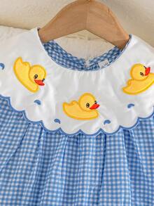 Baby Girls' Summer Cute Duck Pattern Collar Fashionable Plaid Bodysuit, Snap Button Front Closure Bodysuit