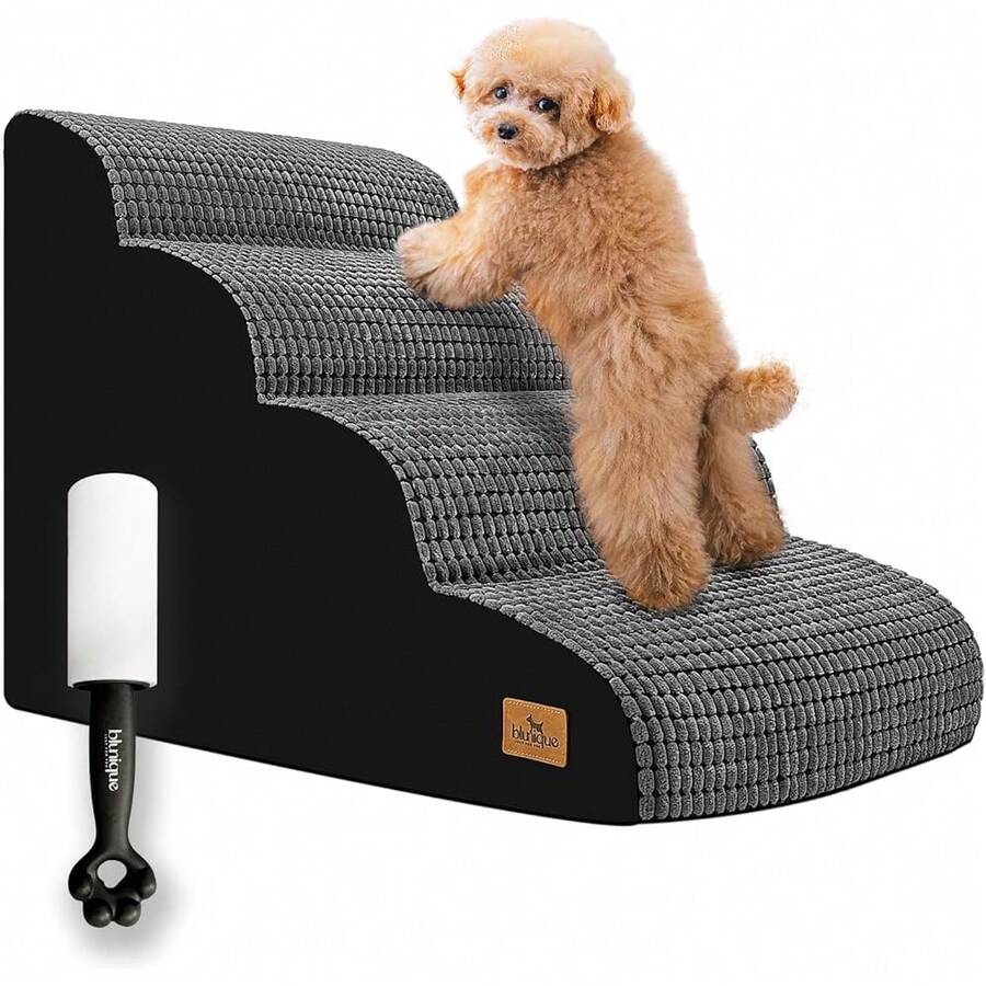 New Dog Stairs For All Dogs, 20.5" H 4 Step Curved Dog Ramp For High Bed And Couch, Foam Dog Ramp Non-Slip Waterproof Fabric Cover, Pet Stairs For Pets Joints, Grey - 灰色 29.1x 16.5x 20.5 - 查看 1