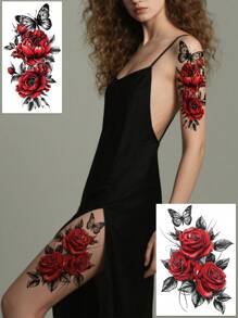 (Pack Of 5 PCS)Red Rose And Butterfly Temporary Tattoo Stickers, Sexy Dancer Chest And Thigh Designs, Waterproof And Sweat-Proof, Easy To Use And Remove, Suitable For Women's Legs, Arms, Abdomen And Chest. Perfect Temporary Tattoo Stickers For Women, Essential For Dates And Parties.