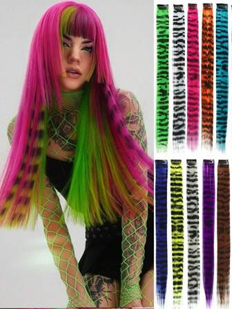 3Pcs Leopard Print Hair Extensions Stripe Printed Wig Hair Piece Colorful Long Straight Clip In Hair Extensions For Women Girls Daily Use Party Halloween Festival