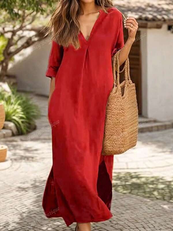 2025 French Style Dress, Spring Summer Fashion, V-Neck, Front Slit, Vintage, Minimalist, French Style, Vacation, Suitable For Beach