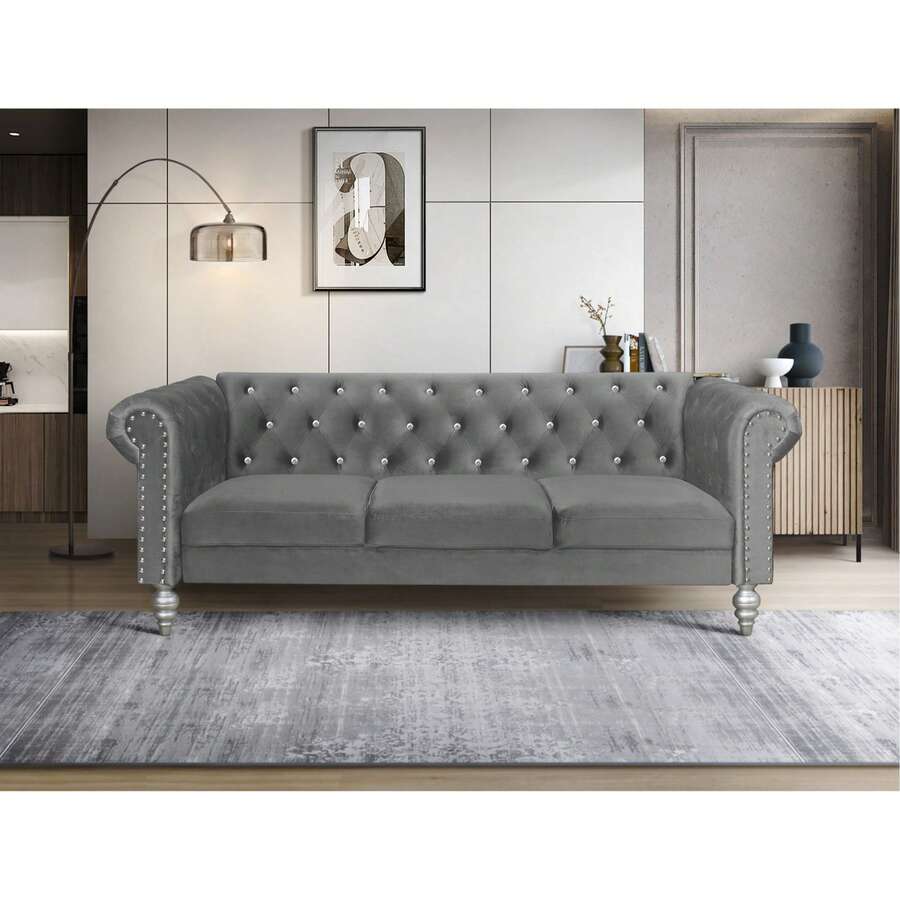 Home Design Emma Velvet Rolled Arm Sofa - Màu xám đen - Xem 1