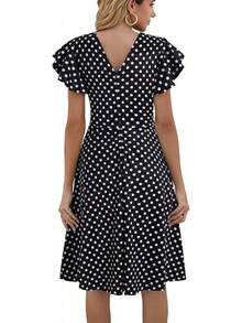 Women's Semi-Formal Ruffle Sleeve V-Back Work Fit And Flare Cocktail Knee Length Dress With Pockets, 2025 Style - 黑點 - 查看 2