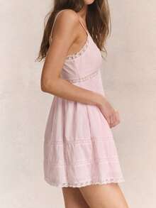 Summer Dresses For Women 2025 V-Neck Spaghetti Strap Backless Sleeveless Lace Mini Dress Casual A Line Sundresses - Hồng - Xem 3