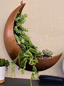 1pc Boho Moon Shaped Hanging Planter - Metal Wall Mounted Succulent Flower Pot, With Hanging Rope For Indoor Outdoor Decor, Rustic Gold Black Finish, No Electricity, Metallic Luster, Moon Shape, Wall Decor Hanging Basket For Succulents, Cactus, Plants, Outdoor Garden Decor, Patio, Hanging Gardening Supplies, Small Plant Decor, Gift For Plant Lovers, Halloween, Christmas, Thanksgiving Decoration