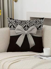 2件装现代黑白欧式图案蝴蝶结设计单面印花枕套，柔软涤纶面料，45厘米 x 45厘米，可机洗，适用于沙发、椅子、床、汽车、客厅、办公室装饰抱枕套（不含枕芯） - 黑色 - 查看 8