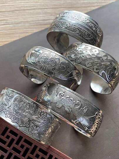 Brazalete ancho de plata retro bohemio para mujer con flor tallada y apertura, joyería vintage bohemia de moda