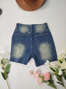 Damskie sprane, rozciągliwe legginsy z denimu z dziurami na letnie wakacje - Ciemny jeans - Zobacz 5