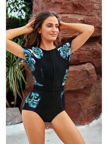 GRACE KARIN Women's Swimwear Rash Guard Short Sleeves Zip Front Round Neck One Piece Bathing Suit - Blue - View 2