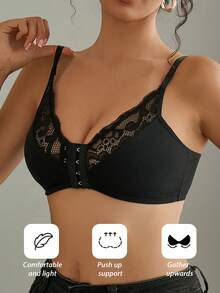 1pc Mature & Charming - Wireless/Wireless & Padless Seamless Comfort Front Hook Racerback Lace Insert Bra For Women - Black - View 6