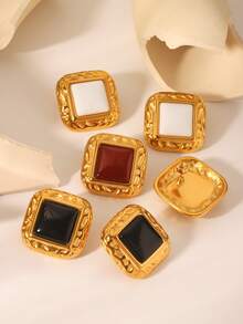 1 par de pendientes de botón cuadrados con incrustaciones de resina para mujeres, pendientes chapados en oro de 18 quilates de acero inoxidable, accesorios de joyería de moda, regalo para amantes - Pendientes cuadrados - Ver 5