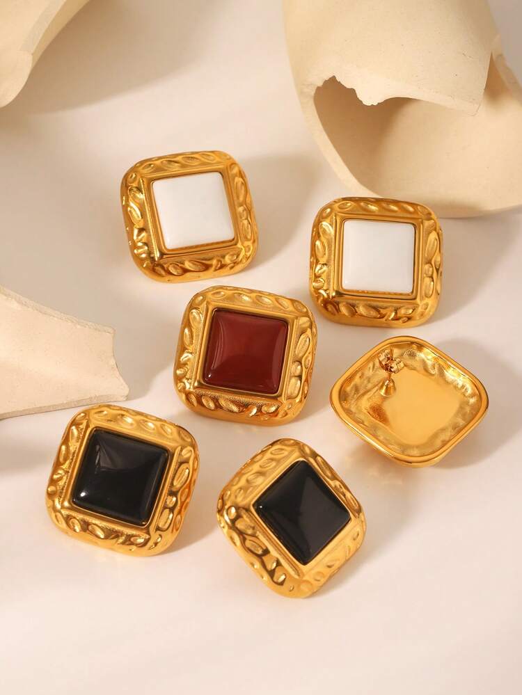 一对方形锤纹镶嵌树脂耳钉，不锈钢镀18K金，时尚珠宝配饰，送给爱人的礼物 - 方形耳環 - 查看 5