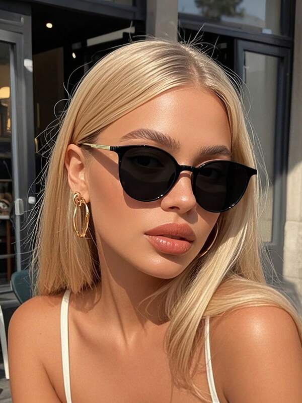 1 pieza de gafas redondas de plástico y metal para mujer, con montura completa, tintadas, elegantes, estéticas, básicas, estilo coreano, clásicas y modernas, ideales para festivales de música, atuendos de fin de semana, salidas, golf y accesorios de moda para conducir.