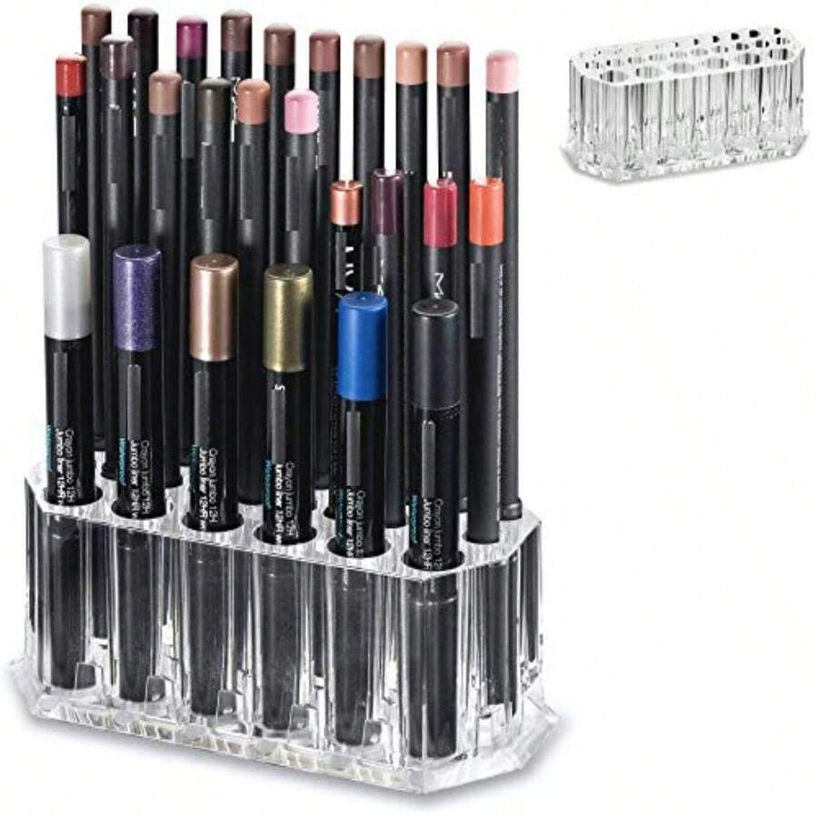 Organizador de maquillaje de acrílico para delineador de ojos y lápiz de labios - 26 espacios para 20 lápices estándar y 6 jumbo - Estuche de exhibición recargable para cosméticos - transparente - Ver 1