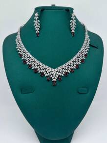 5 pièces/Set Ensemble de bijoux de mariage de luxe pour mariée, femme, fête - Collier, boucles d'oreilles, bracelet, bague, cubique zircone, bleu, blanc, noir, rouge. Idéal pour la fête des mères, la Saint-Valentin