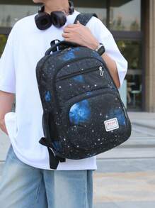 Casual High Capacity Starry Sky Print Multi-Pocket Functional Backpack, Men's Portable School College Style Bookbag For Study, Errands, Travel