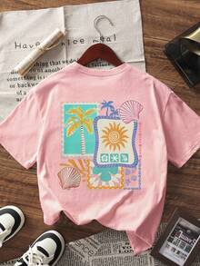 Tween Girls' Tropical Summer Print Short Sleeve T-Shirt, Student Youth Clothing, Summer Top Prepared For Young Girls Ready To Play - Pink - View 4