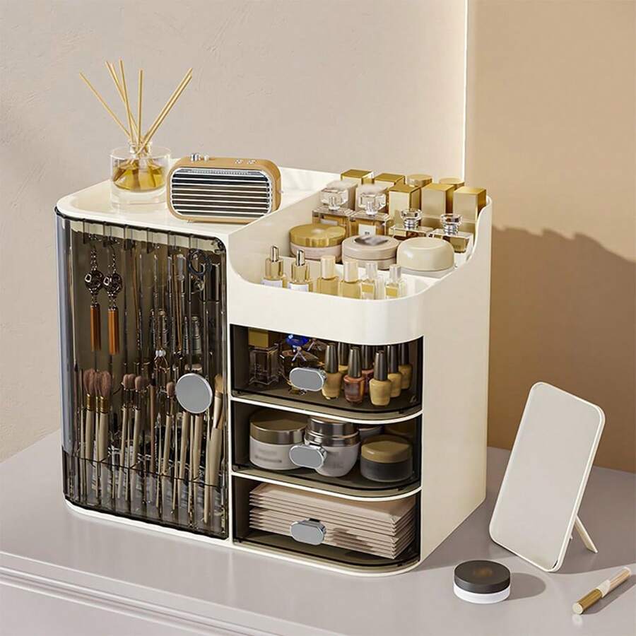 NetHong Large Capacity Cosmetic Storage Box With Mirror Makeup Organizer Skincare Jewelry Storage Box For Bedroom Bathroom Desk Table Tidy Holiday Essentials - White - View 1