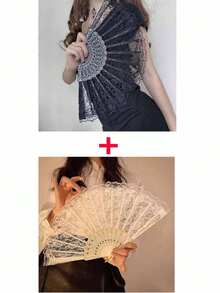 欧式复古蕾丝花边女扇，夏兰花扇，舞蹈、表演、摄影用，折扇最佳礼物 - 白色 - 查看 12