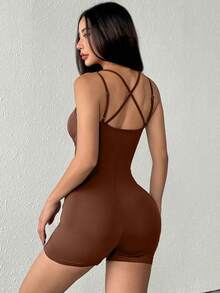 1pc Women's Sexy Adjustable Straps Jumpsuit, Sports & Fitness Yoga Romper Shapewear Jumpsuit - Brown - View 4