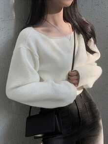 女士百搭纯色长袖套头衫 - 白色 - 查看 3