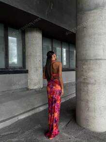 Vestido formal de fiesta elegante de unicolor con abertura en la espalda, bajo con volantes, adecuado para bodas y cenas formales