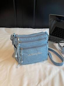 1件装女士休闲牛仔斜挎包，多拉链封口小方包，多口袋休闲单肩包，适合日常使用，经典牛仔风格，刺绣字母装饰，迷你斜挎包是送给想要轻便便捷包包的女孩的最佳礼物。 - 淺藍色 - 查看 9