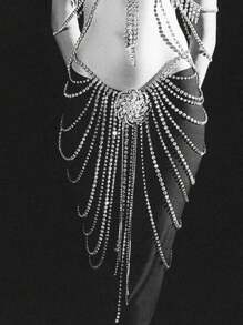 1pc Long Fringe Rhinestone Dress For Women Flower Belt Body Chain Jewelry Crystal Silver Skirt For Stage Party Accessories