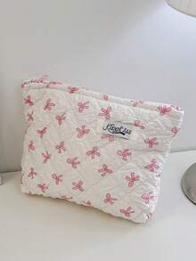 1 szt. Różowa pikowana kosmetyczka z kokardką, swobodna, duża, przenośna kosmetyczka z zamkiem błyskawicznym, niezbędna w podróży i na wakacjach, pomieści podpaski higieniczne, słuchawki, ładowarki, szminki, kosmetyki, perfumy, produkty do pielęgnacji skóry, wystrój domu - Różowy - Zobacz 7