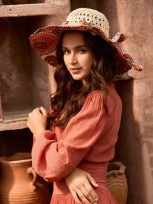 Tropiscape 时尚女士遮阳帽，适合户外活动、旅行或海滩，1顶装，2024新款宽檐草帽，有效遮挡阳光，防紫外线，是日常生活、海滩、秋季、圣诞节、冬季等场合的浪漫礼物之选。 - 布料草拼接遮陽帽 - 查看 1