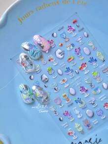 1 Bogen Cartoon Sommer Dessert Thema Nagel Aufkleber Muschel, leichte, bunte Trauben, Bananen, Kirschen, Obst, Eis Cream selbstklebende Slider Nagel Dekals