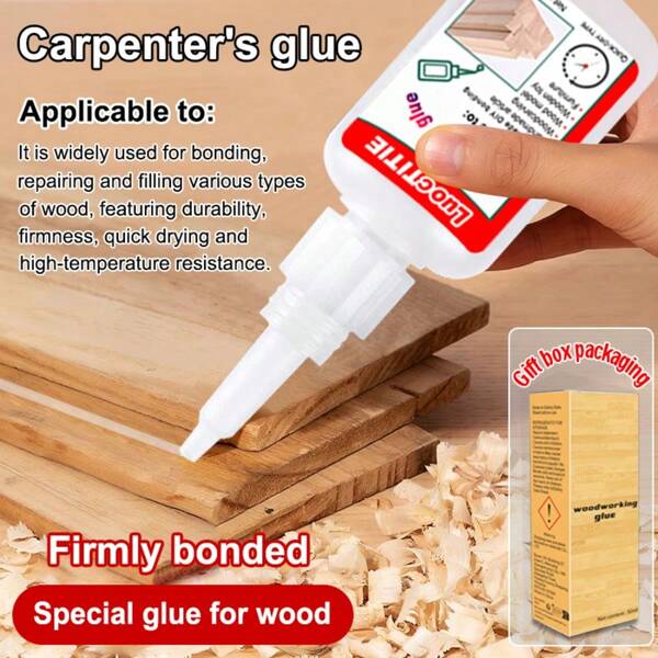 1 pieza/50ml Caja de regalo elegante de pegamento para carpintería, pegamento de secado súper rápido, adhesivo de soldadura, agente de unión, pegamento de secado rápido, adhesivo instantáneo, adecuado para: madera maciza, sillas, taburetes, mesas, bordes de puertas, reparación de pisos, muebles, manualidades de madera DIY, unión y reparación de diversos materiales de madera. Fijación rápida, ampliamente aplicable, duradera, de bajo olor, transparente y ordenada después de la unión
